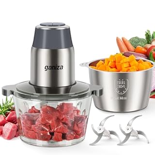 GANIZA Food Processors, Electric Food Chopper with Meat Grinder & Vegetable Chopper - 2 Bowls (8 Cup+8 Cup) with Powerful 450W Copper Motor - Includes 2 Sets of Bi-Level Blades (Grey)