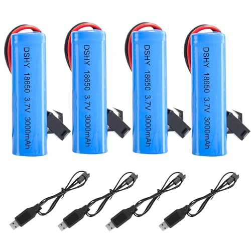 KUWUNG 4 Pcs Batería Li-Ion 3.7V 3000 mAh, Pilas 18650 Recargables con Carga USB y Conector SM-2P, Universal Bateria Li-ion Recargable para Vehículos RC, Barcos, Tanques, Coches, Robots y Coches Acrob