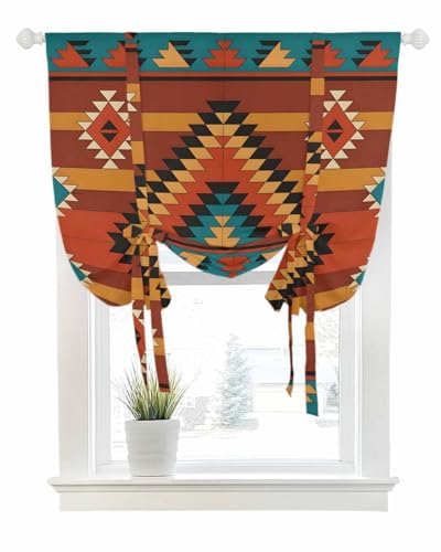 Tie Up Curtains for Windows Vintage Aztec Tribe Pattern Rod Pocket Tie-Up Window Shade Adjustable Balloon Curtain Valance Abstract Bohemian Art for Bedroom Kitchen Bathroom Blinds,42x45in