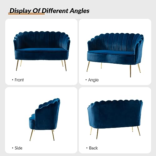 Image of HULALA HOME Modern Velvet Loveseat Sofa with Flower Shaped Back, Comfy Upholstered 2-Seater Sofa with Gold Metal Legs, Small Love Seat Accent Couch for Living Bedroom Leisure Areas, Navy