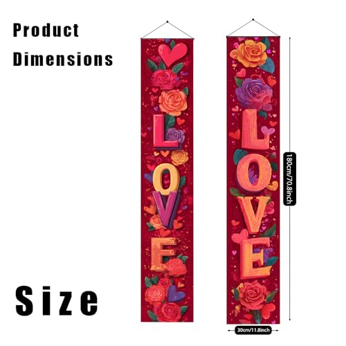 Image of Love Front Door Banner 11.81x70.87 Inch, Red Rose Heart Porch Sign for Spring Mother's Day, Romantic Floral Welcome Flag Outside Wall Decor, Weatherproof Fabric Hanging Decoration