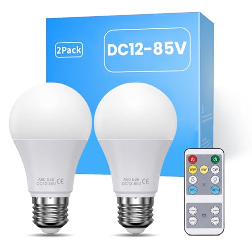 TrustWheel DC 12V LED Light Bulb E26 with Remote Control 3CCT 3000K-4000K-6000K Adjustable & Dimmable 8W DC 12V-85V Low Voltage Light Bulb A19 E26 Medium Base 2-Pack