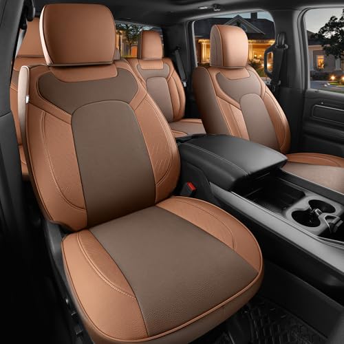 Red Rain Brown Leather Dodge Ram 1500 Seat Cover 2019 to 2025 Crew, Mega Cab, Luxury Custom Fit Car Seat Cover with Flat Bench (Dodge-Brown+Orange-2019/2025) by Red Rain - Used condition - Image 6