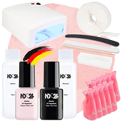 Shellac Polish Gel Nagellack Pink Starter Set Basic mit UV Lampe - Lacke Made in Germany + Zubehör