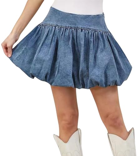 loveimgs Women Cute High Waisted Short Denim Pleated Mini Jean Skirt Ruffle A Line Skirt Y2k Balloon Bubble Skirt