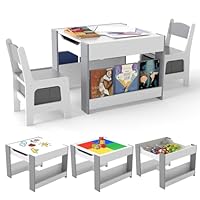 COSTWAY Kids Table and Chairs Set, Wooden Toddler Activity Tables with Reversible Tabletop, Bookshelves, Storage Bins, Children Building Block Table for Boys Girls (White + Grey)