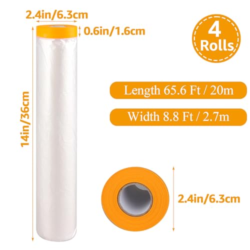 Image of 4 Rolls 8.8 x 65 Feet Painters Plastic Sheeting, Pre-Taped Masking Film, Clear Drop Cloth for Painting, Automotive Covering and Appliance Protection (Pack of 3)