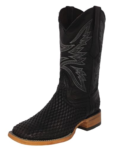 Mens Black Western Cowboy Boots Woven Leather Square Toe Botas Tejida