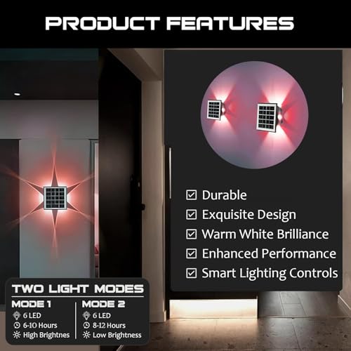 Image of Gigawatts 6 LED Solar Wall Light On /Off Botton & 1.5Ah Battery Water Resistant Decor Deck Fence Lights Flood Lamp for Home Garden Terrace Patio (Set of 1, RGB)