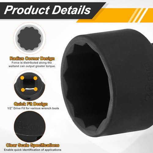 Image of HARFINGTON 5pcs 1 /2 inch Drive x 36mm Shallow Impact Socket 12-Point Metric CR-V Steel Spindle Nut Impact Flip Sleeve for Home Auto Nuts Bolts Repair