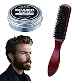 UZYXC Beard Brush de Cerdas de Jabalí con Bálsamo, Mango de Madera Natural para Desenredar y Peinar, Cepillo Pelo de Madera de Loto para Hombre, Set Exclusivo Limpieza y Estilizado de Barba