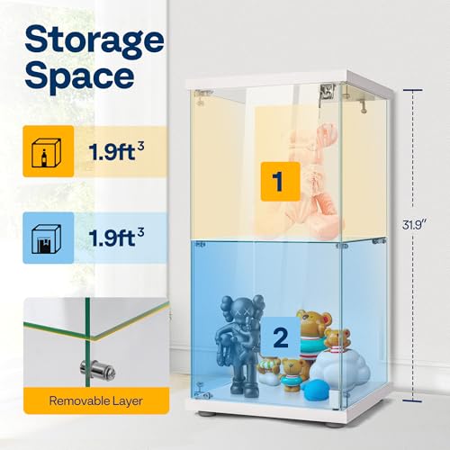Image of VIVOHOME 2 Layers 15.7''W x 15.7''D x 31.9''H Glass Display Cabinet Showcase Countertop with Lock, Tempered Glass 25mm MDF Base