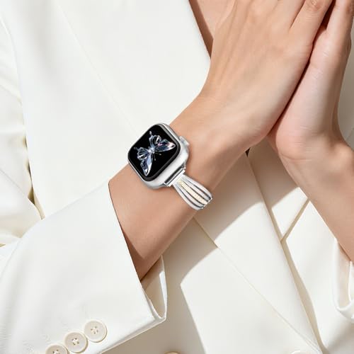 Image of AIRSPO Slim Gold Band Compatible with Apple Watch 38mm 40mm 41mm 42mm 44mm 45mm 46mm Women Thin Metal Strap Dressy Jewelry Bracelet with Bling Diamond for iWatch Bands Series 11 10 9 8 7 6 5 4 3 SE (Silver and Gold-02, 42mm /44mm /45mm /49mm /46mm(Series 10))