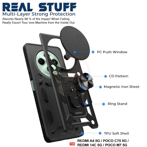 Image of Armor Bumper Back Cover Case for Redmi A4 5G / Redmi 14C 5G / Poco C75 5G / Poco M7 5G Rotating Camera Cover, Ring Holder & Kickstand | Heavy Duty & 360 Degree Protection Back Cover (Black)