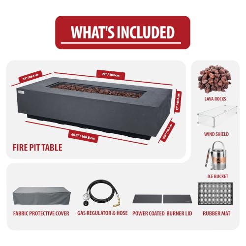 Image of AMS Creations | Savanah 72 inch Bundle Rectangular Cast Concrete Natural Gas Fire Pit Table | Dark Gray | Travertine Texture Surface | Electronic Ignition | Outdoor Patio Heater Outside Backyard Fireplace