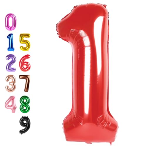 Image of Number Balloons 1 Balloon Red for 1st Birthday Party Decorations, 40 inch | Saturated Color, Large 40 in, With Straw & Hanging Hole, For Back-to-School Season, Wedding, Christmas, New Year, Anniversary