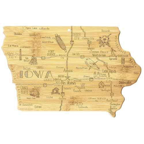 Totally Bamboo Destination Iowa Shaped Cutting Board Bamboo Charcuterie and Serving Board with Hang Tie for Wall Display
