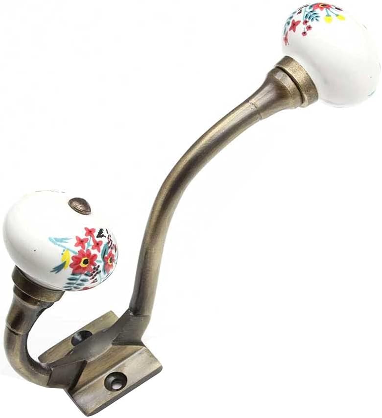 Indian Shelf Pack of 1 Premium Ceramic Heavy Duty Decorative Double Wall Hooks for Hanging Coats, Jackets, Leash, Hat, Towel, Backpack, Purse, Handbag Wall Holders [Multicolor]