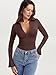 PINKMSTYLE Womens Sexy Deep V Neck Thong Bodysuit Fall Long Sleeve Shirts Fitted Fashion Going Out Tops Coffee Small