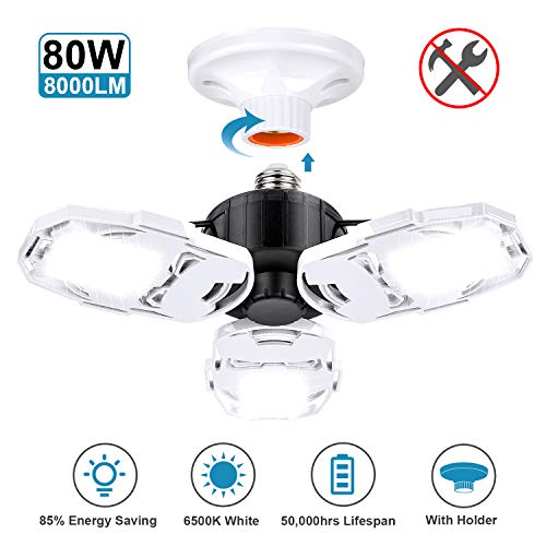 LED Garage Lights, 80W 8000LM Deformable Garage Ceiling Light with 3 Adjustable LED
