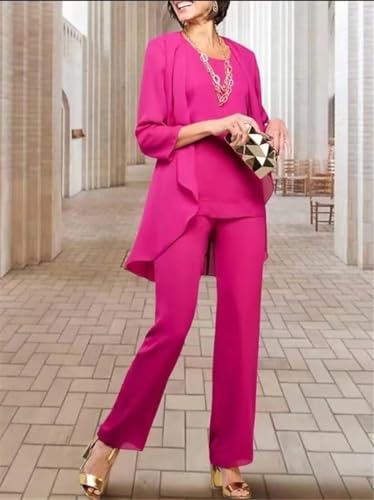 3 Piece Solid Color Cascading Ruffles Floor-Length Mother of the Bride Pant Suits with 3/4 Sleeve Outer Wear for Women3