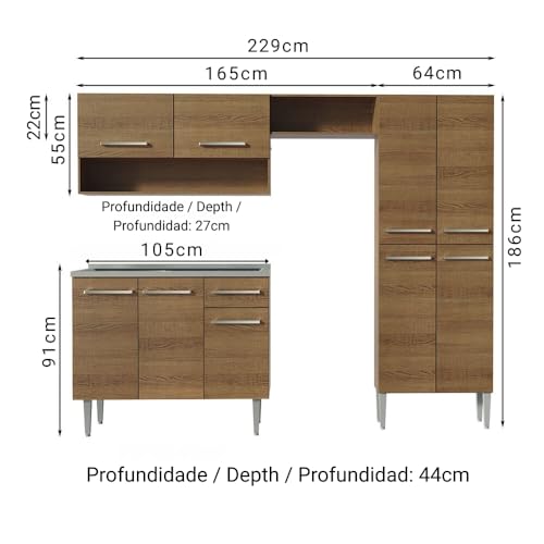 Image of Madesa Engineered Wood Full Modular Kitchen Complete Set with Cabinets, Ample Storage 229 Cm Wide with Multiple Compartments, 4 Cabinets, 2 Pull-Out Drawers, Wall Hang, Includes Sink - Brown