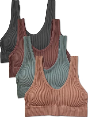 Kalon Women's 4 Pack Ribbed Bralette Crop Top Comfort Sports Bra