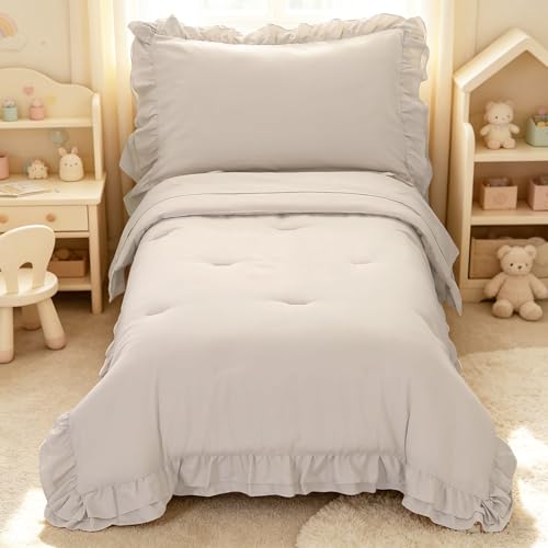 Image of Toddler Bedding Set for Girls, 4 Piece Double Ruffles Soft and Breathable Toddler Bed Sheets with Boho Toddler Comforter, Fitted Sheet, Flat Sheet and Pillowcase, Pale Beige
