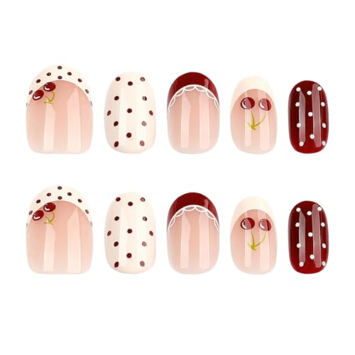 Image of Red White Press on Nails Short Almond Fake Nails Polka Dot Nail Press ons
