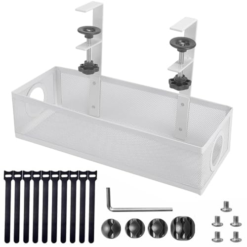 Image of Dyazo Adjustable Under Desk Cord Organizer | Screw Clamp Mesh Tray for Power Extension & Computer Wires | Includes Cable Clips & Tighteners Straps | Perfect Cable Management Holder for Office - White