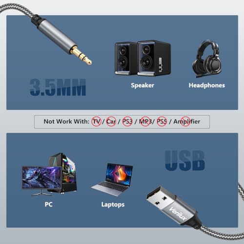 Image of Verilux USB A to 3.5 mm Aux Cable, 2M /6.6FT 3.5 mm TRS Audio Cord Jack to UBS A Nylon Braided Stereo AUX Cable for Speakers, Car Stereo, Headphones, Laptop, PS5 /PS4, Windows & More