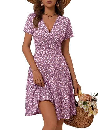Image of MSBASIC Womens Summer Wrap V Neck Casual Dresses Floral Short Sleeve A-Line Midi Sundress
