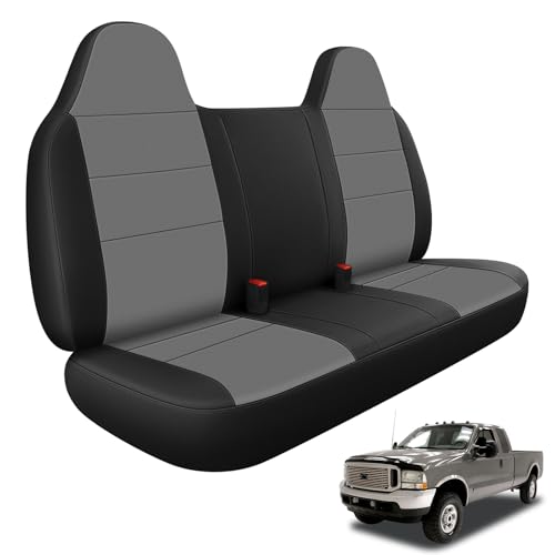 Kistrba Front Bench Seat Cover Compatible with 1995-2010 Ford F-250/F350/F450, Leather & Foam Padded Water Resistant Seat Cover, Black and Gray