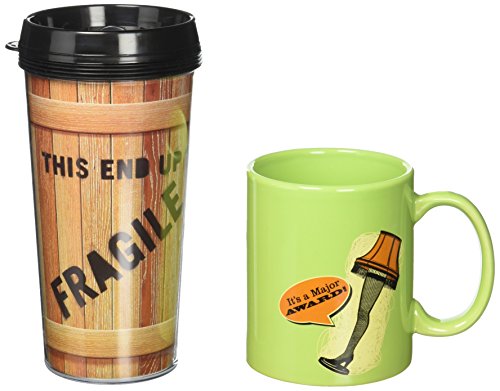 ICUP A Christmas Story - 2-Pack Fragile Crate Travel Mug and "It's A Major Award" Leg Lamp Green 11oz. Ceramic Mug Packaged Gift Set