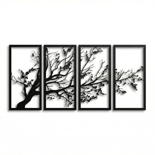 DEKADRON Metal Wall Art, Tree of Life 4 Panels, Tree Sign, Wall Decor, Interior Decoration, Housewarming Gift, 4 Pieces Wall Hangings (79" W x 39" H / 200x100 cm)
