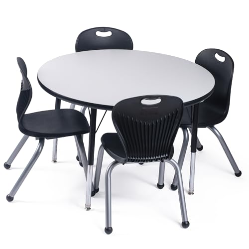 Chair and Table Set for Schools - Round Table About 36' Diameter - Height Adjustable Legs -Spray Edges - and Four Luxurious Classroom Chairs - for Commercial Spaces