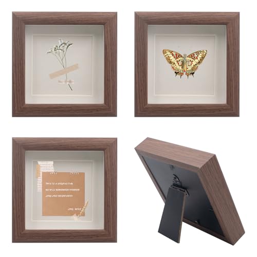 4 PCS Shadow Box Picture Frame Vintage Small Wall Mounted & Tabletop Wood Square Frame with Real Glass for Mini Dried Flower Bouquet Memorabilia Medals Badges Shells Photos (Walnut) (4 x 4 Inch)