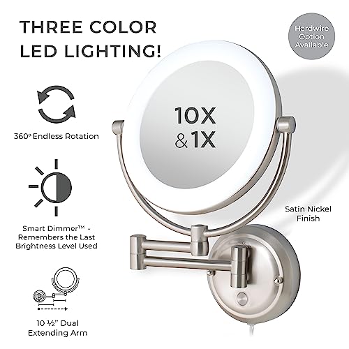 Zadro Lexington Led Lighted Wall Mounted Makeup Mirror With Magnification Two-Sided Swivel Extendable Bathroom Mirror (10X/1X, 10" Head, 7.5" Mirror, Plug-In, Satin Nickel) #TOP4