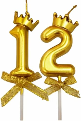 Image of Number Candles with Crown 3 inch for Birthday Parties, Wedding, Engagement, Celebrations, Theme Party Cake Decoration Gold (Numerical No 12 or 21)