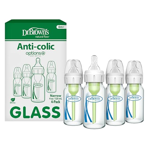 Dr. Brown's Anti-Colic Options+ Narrow Glass Baby Bottle with Level 1 Slow Flow Nipple, BPA-Free, 4...