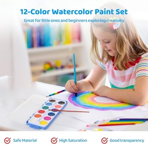 24 Pcs Watercolor Paint Sets with 12 Colors, Brush and Hard Case, Solid Paint Kit for Little Ones and Beginners, Portable Art Paint Set for Classrooms, School Projects and Party Favors - 1