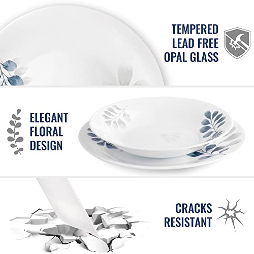 Bormioli Rocco White Moon Botanica Blue, Set Of 6, 10.75" Dinner Plates, Tempered Opal Glass Dishes, Dishwasher & Microwave Safe, Made In Spain. #TOP3