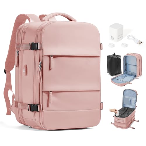Image of Travel Backpack with Compression Vacuum Storage Bag & Electric Pump, Expandable Flight Approved Carry On Backpack, 18x14x8 inches Personal Item Travel Bag for Men Women, Pink