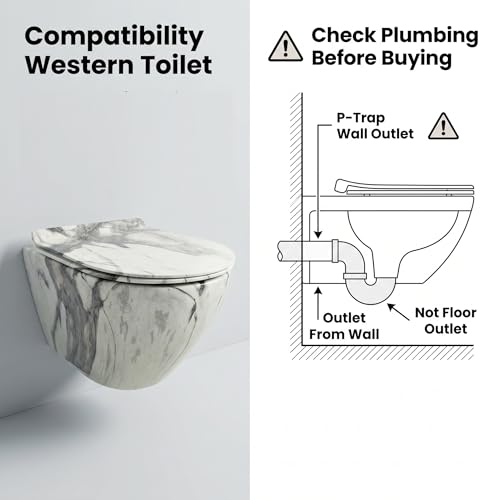 Image of InArt Rimless Ceramic Wall Hung Western Toilet for Bathroom | Wall Mount Commode /EWC /WC /European Water Closet with P-Trap Wall Outlet & Soft Close Seat Cover, White Marble Color