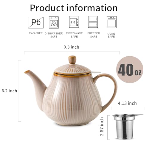 Image of HVH 40 oz Porcelain Teapot with Stainless Steel Infuser, Ceramic Tea pot with Infuser for Loose Tea, Enough For 6 Cups, Striped Series (Sand Color)