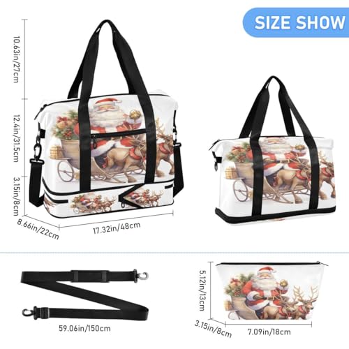 ALAZA Reindeer Animal Santa Claus Merry Christmas Duffel Bag with Shoe Compartment Tote Bag Weekender Overnight Bag with Wet Pocket for Travel,Gym,Yoga,Swimming3