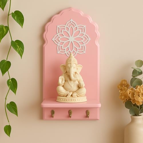 Image of Globally Indian Engineered Wood Keys Holder for Wall with Shelf, Mandala Design Key Stand Organizer for Home Entrance |Decorative Key Hanger for Wall, Entryway, Living Room |Floating Wall Shelf (Pink)