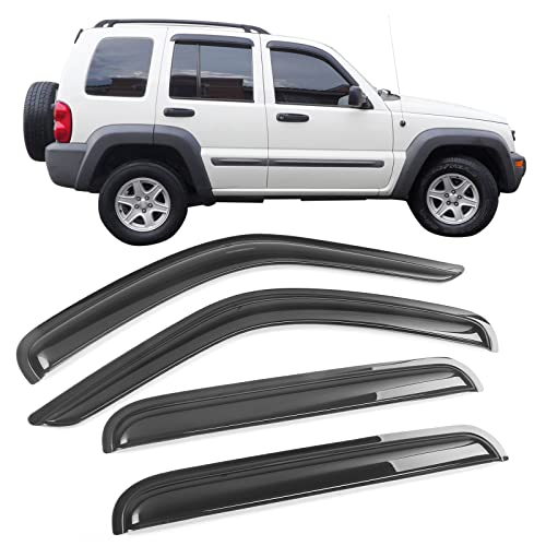 Tape On External Window Visor Compatible With 2002-2007 Jeep Liberty, Slim Style Acrylic Smoke Tinted&Semi-Transparent Sun Rain Shade Guard Wind Vent Air Deflector Ikon Motorsports #TOP17
