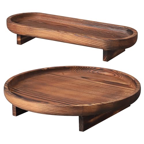 FERAHI Round Wooden Decorative Tray, 2 Pcs Tray for Coffee Table, Bathroom Vanity Tray, Kitchen Counter Tray, Rustic Wood Tray Decor, Round Serving Tray, Coffee Table Decor for Living Room, 12 Inches