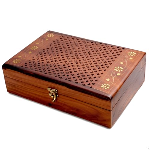 Vriksha Kraft Decorative Wooden Box with Hinged Lid (12x8) – Handcrafted Large Jewelry Storage Box with Velvet Lining – Keepsake Box for Accessories & Daily Essentials